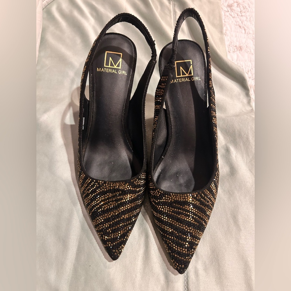Material Girl Black and Gold Beaded Pointed Slingback Mules